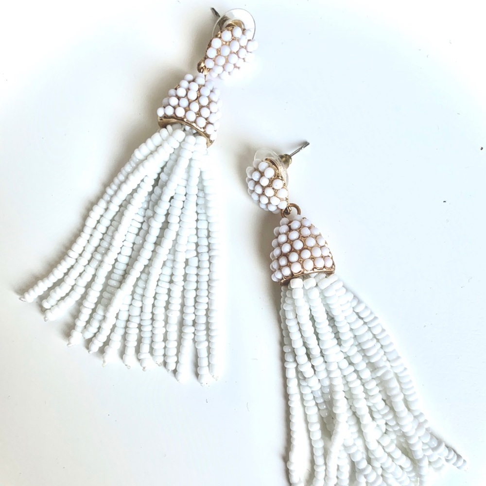 White Beaded Tassel Capped Drop Stud Earrings